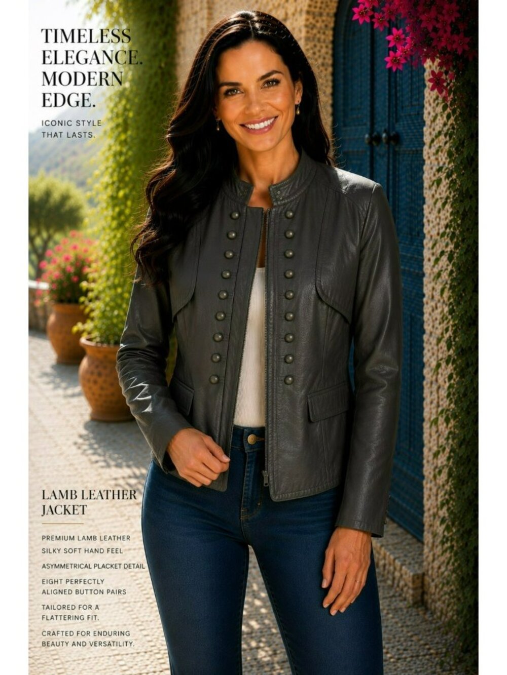 Per Se Womens jacket Dark Gray Leather Military-Style US 10 UK 12 Button Accents